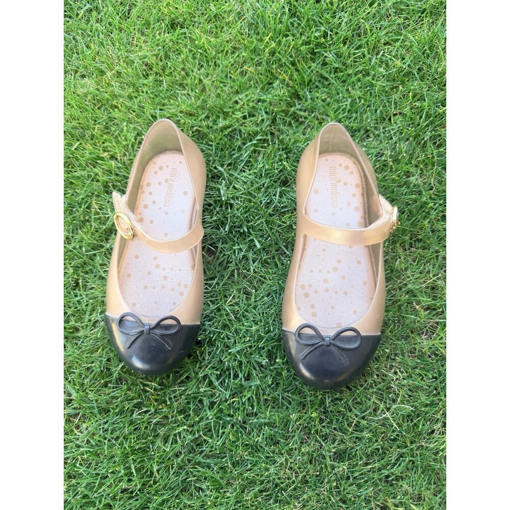 Mini Melissa Sz 10 Sweet Love Flat Glitter Mary Jane Shoes Tan Black